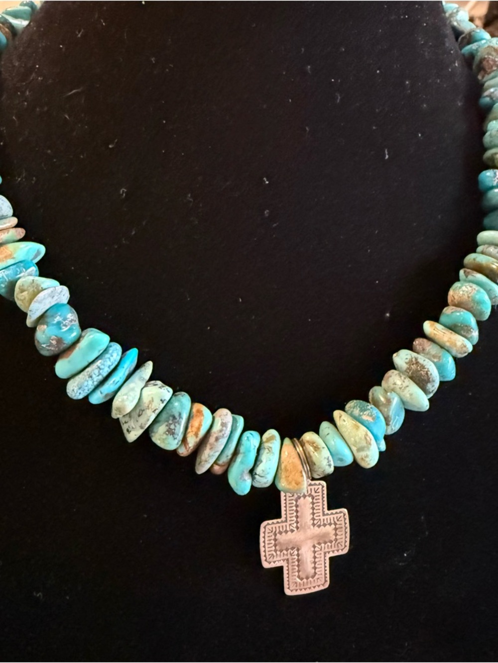 Turquoise Large Chip Beaded Necklace Sterling Toggle Clasp Cross Pendant in Bag
